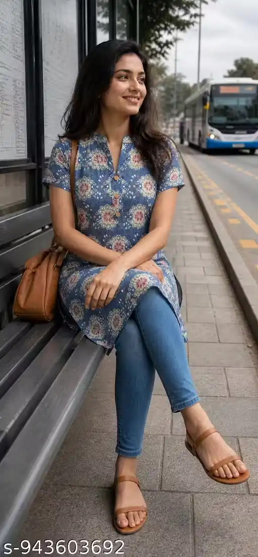 Women Chanderi Printed A-LINE Kurti for Girls Stylish Ethnic Straight Long Kurta with Floral Motif Design V Neck Short Sleeve Casual Office College Festive Traditional Kurta Top