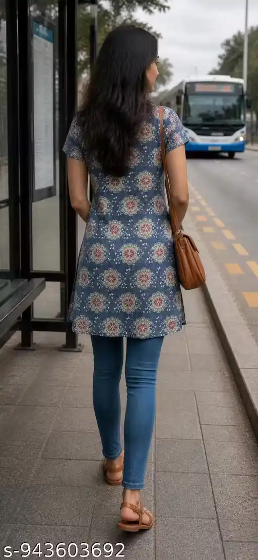 Women Chanderi Printed A-LINE Kurti for Girls Stylish Ethnic Straight Long Kurta with Floral Motif Design V Neck Short Sleeve Casual Office College Festive Traditional Kurta Top