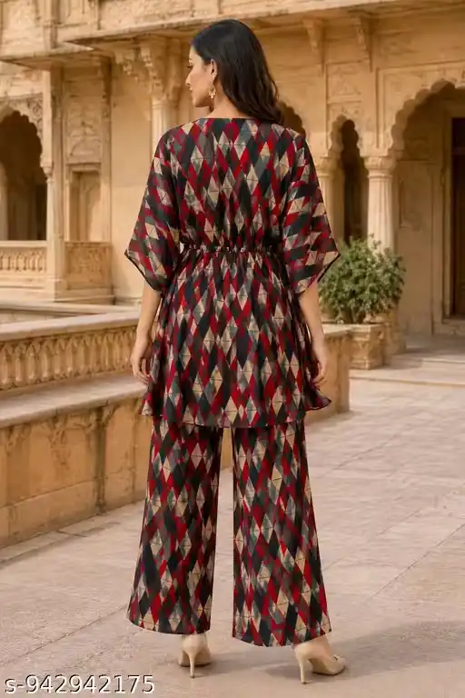 Women Geometric Printed Kaftan Co-Ord Set for Women Stylish V-Neck Tunic Top with Palazzo Pants RION Fabric Ethnic Lounge Wear Party Wear Trendy Two Piece Outfit for Girls & Women