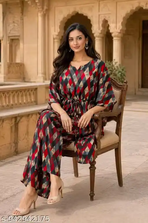 Women Geometric Printed Kaftan Co-Ord Set for Women Stylish V-Neck Tunic Top with Palazzo Pants RION Fabric Ethnic Lounge Wear Party Wear Trendy Two Piece Outfit for Girls & Women