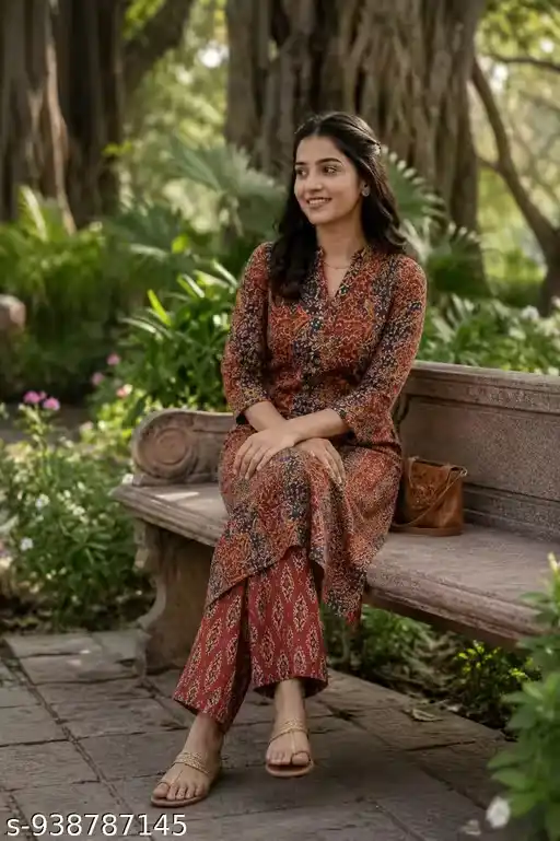 Women Printed Straight Kurta Pant Set | Ethnic Kurti Palazzo Set for Women | 3/4 Sleeve V-Neck Traditional Wear Co-Ord Set | Casual Office Festive Daily Wear Kurta Set