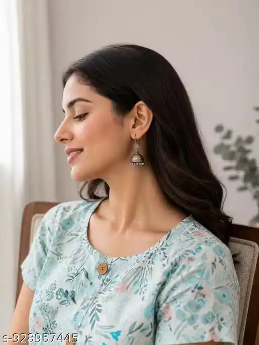 Women Printed Cotton Kurti | A-Line Long Kurta for Women | Floral Printed Casual Kurti | Round Neck Button Design Kurti | Short Sleeve Summer Kurta | Daily Wear Office Wear Kurti for Women