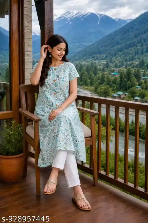 Women Printed Cotton Kurti | A-Line Long Kurta for Women | Floral Printed Casual Kurti | Round Neck Button Design Kurti | Short Sleeve Summer Kurta | Daily Wear Office Wear Kurti for Women