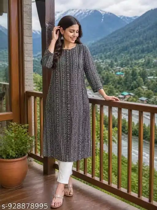 Women Black Printed Cotton Kurti | A-Lin...
