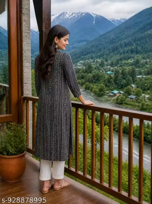 Women Black Printed Cotton Kurti | A-Line Long Kurta | 3/4 Sleeve Ethnic Kurti for Women | Casual Office Wear Kurti | Designer Printed Kurta for Women