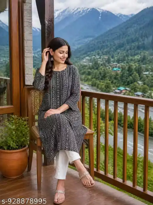 Women Black Printed Cotton Kurti | A-Line Long Kurta | 3/4 Sleeve Ethnic Kurti for Women | Casual Office Wear Kurti | Designer Printed Kurta for Women