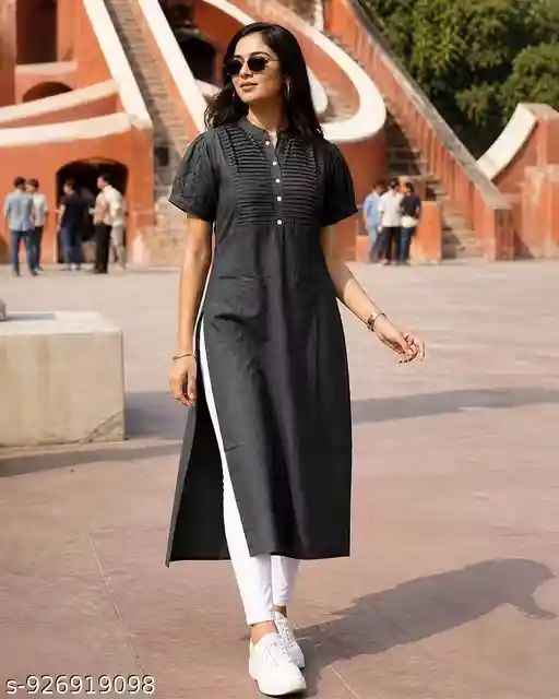 Women Solid Black Straight Kurti | Comfo...