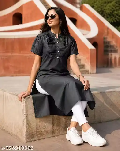 Women Solid Black Straight Kurti | Comfortable Cotton Daily Wear Kurta | Simple Elegant Long Kurti for Office & Casual