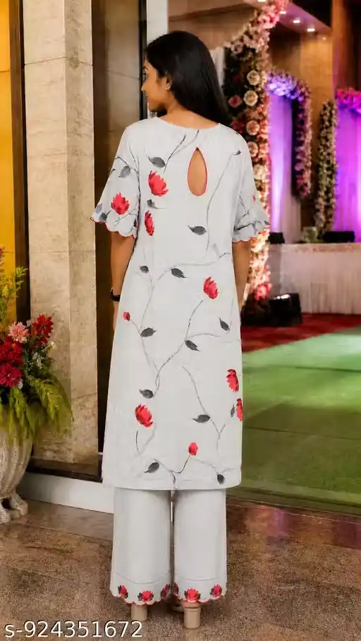 Women Floral Printed Grey Kurta Palazzo Set | Linen Look Fabric | Scallop Sleeve Straight Kurta with Wide Leg Palazzo Pant | Keyhole Back Neck Ethnic Wear | Casual Festive Wedding Party Wear Kurta Set