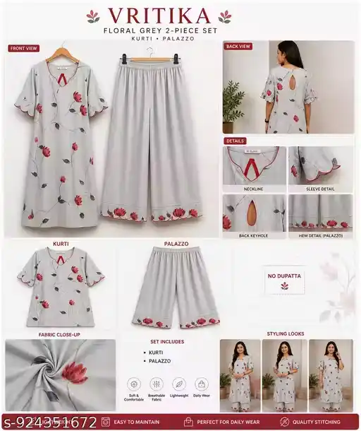 Women Floral Printed Grey Kurta Palazzo Set | Linen Look Fabric | Scallop Sleeve Straight Kurta with Wide Leg Palazzo Pant | Keyhole Back Neck Ethnic Wear | Casual Festive Wedding Party Wear Kurta Set