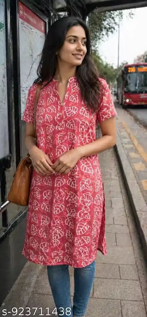 Pure Cotton A-Line Kurti for Women Leaf...