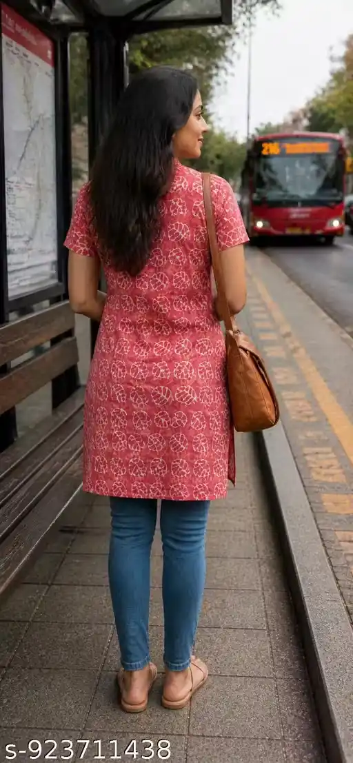 Pure Cotton A-Line Kurti for Women Leaf Print Short Sleeve Knee Length Casual Wear Kurti for Girls Office Wear Kurti Stylish Daily Wear Kurti with Side Slit Round Neck Button Design Kurti