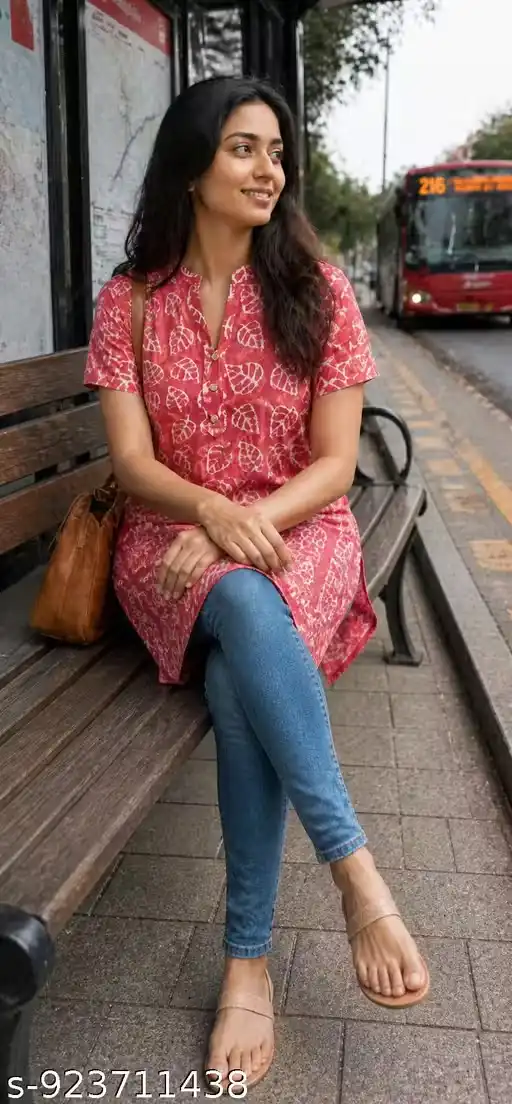 Pure Cotton A-Line Kurti for Women Leaf Print Short Sleeve Knee Length Casual Wear Kurti for Girls Office Wear Kurti Stylish Daily Wear Kurti with Side Slit Round Neck Button Design Kurti