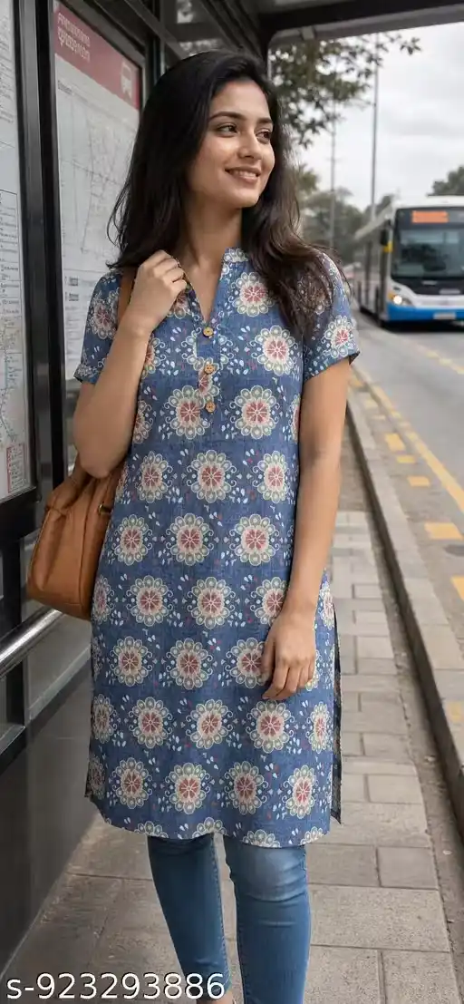 Women 100% Pure Cotton A-Line Kurti Leaf Print Short Sleeve Button Design Knee Length Kurta for Women Office Wear Casual Wear College Wear Latest Kurtis for Women