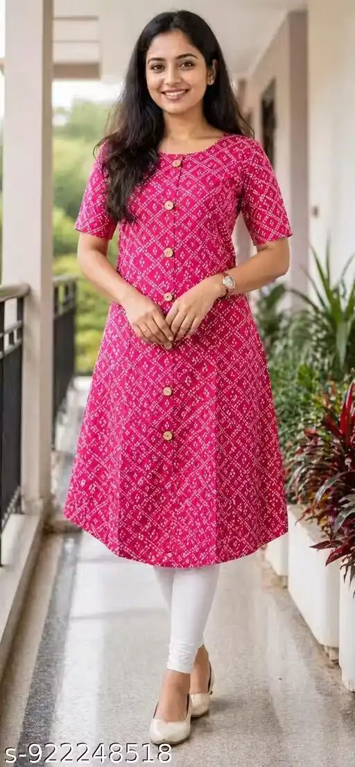 Rani Pink Printed A-Line Kurti for Women...