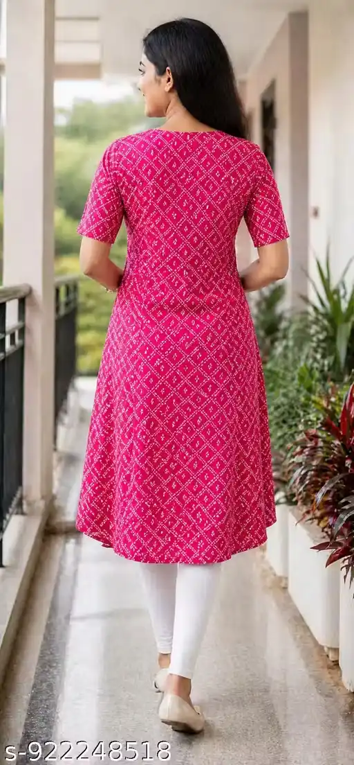 Rani Pink Printed A-Line Kurti for Women with Wooden Button Placket, Round Neck Half Sleeves Knee-Length Cotton Kurta | Ethnic Office Wear Kurti with Bandhani Inspired Geometric Print