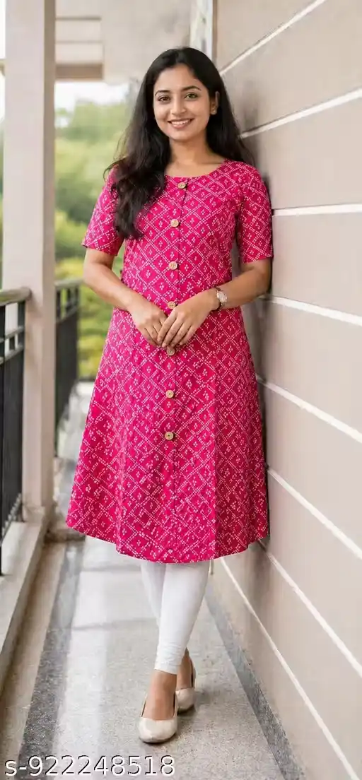 Rani Pink Printed A-Line Kurti for Women with Wooden Button Placket, Round Neck Half Sleeves Knee-Length Cotton Kurta | Ethnic Office Wear Kurti with Bandhani Inspired Geometric Print