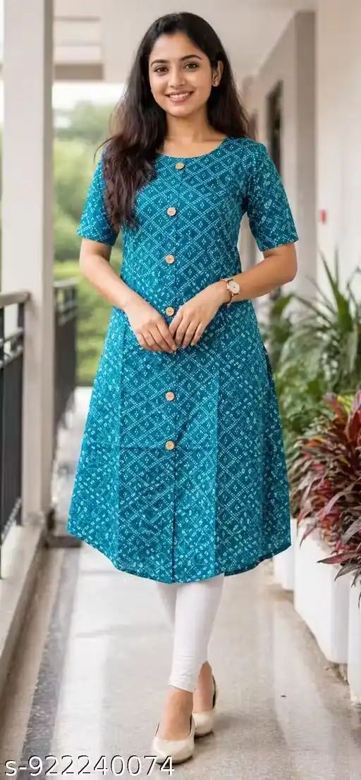 Teal Blue Printed A-Line Kurti with Wood...