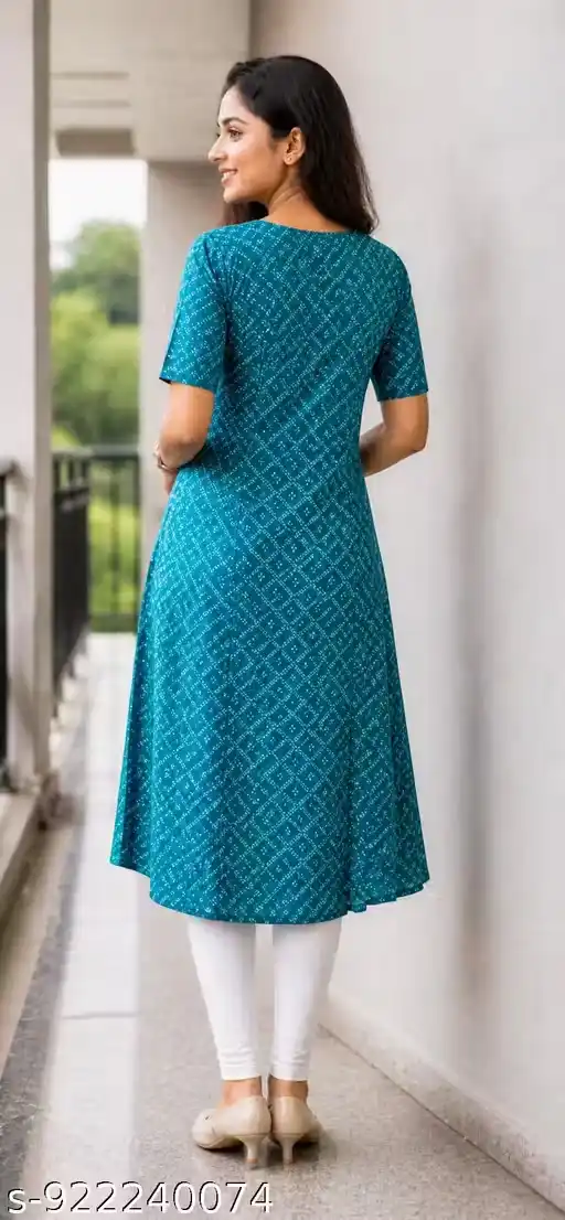 Teal Blue Printed A-Line Kurti with Wooden Button Placket, Round Neck Half Sleeves Knee-Length Cotton Kurta for Women | Ethnic Office Wear Kurti with Geometric Bandhani Inspired Pattern
