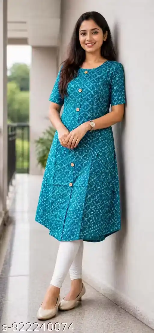 Teal Blue Printed A-Line Kurti with Wooden Button Placket, Round Neck Half Sleeves Knee-Length Cotton Kurta for Women | Ethnic Office Wear Kurti with Geometric Bandhani Inspired Pattern