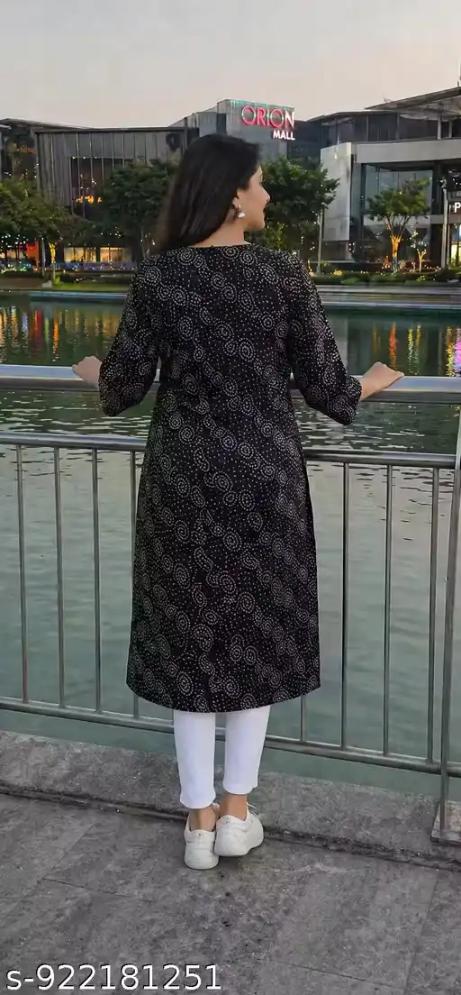 Black Paisley Printed Straight Kurti for Women with Front Button Detailing, Round Neck, 3/4 Sleeves, Knee Length Cotton Kurta for Office Wear, Casual Outings & Ethnic Fusion Styling