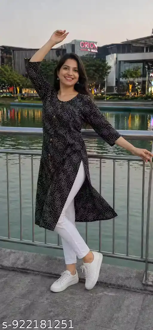 Black Paisley Printed Straight Kurti for Women with Front Button Detailing, Round Neck, 3/4 Sleeves, Knee Length Cotton Kurta for Office Wear, Casual Outings & Ethnic Fusion Styling