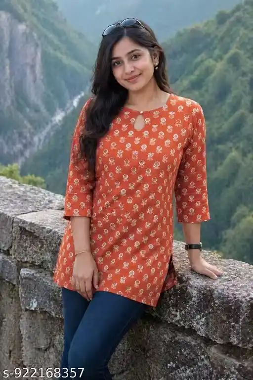 Rust Orange Floral Printed Short Kurti f...