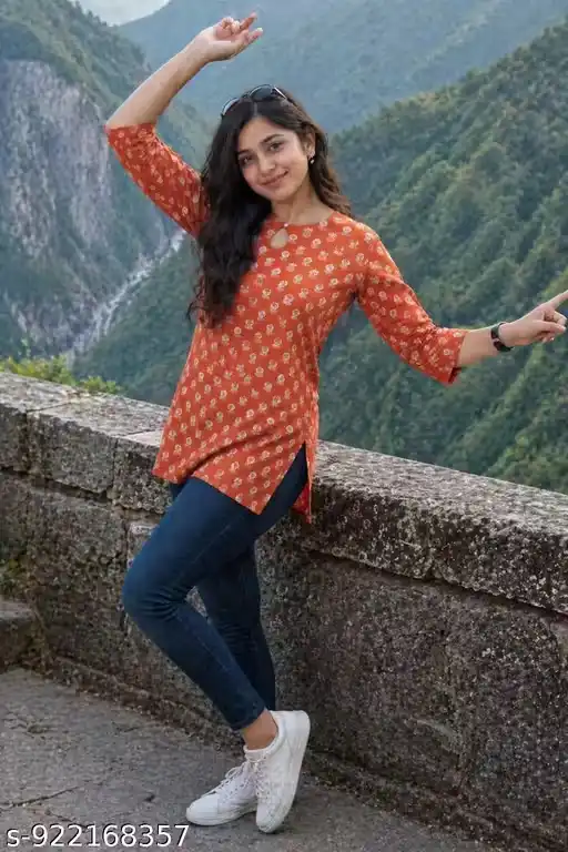 Rust Orange Floral Printed Short Kurti for Women with Keyhole Neck, 3/4 Sleeves, Straight Fit Cotton Tunic Top for Casual Office Wear, Pair with Jeans & Trousers