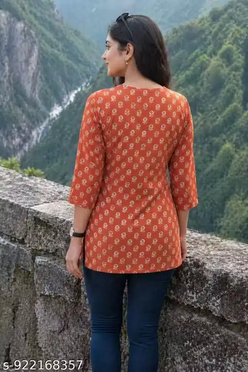 Rust Orange Floral Printed Short Kurti for Women with Keyhole Neck, 3/4 Sleeves, Straight Fit Cotton Tunic Top for Casual Office Wear, Pair with Jeans & Trousers
