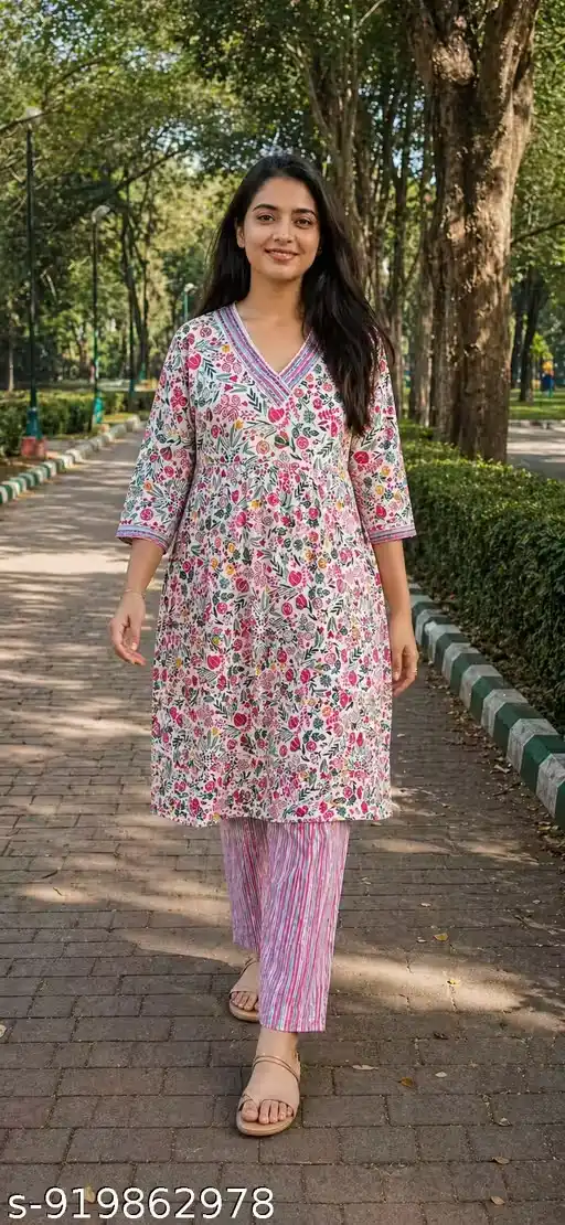 Pure Cotton Kurti Straight Pant Set Floral Printed V Neck Design Three Quarter Sleeve Knee Length Kurti with Striped Pants Women Casual Wear Office Wear Kurti Set