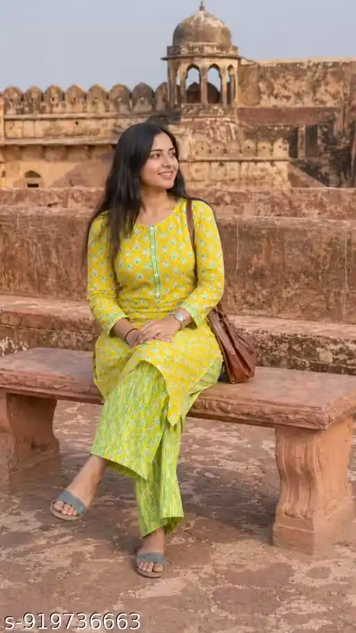 Pure Cotton Printed Kurti with Straight Pant Set for Women | A-Line Long Kurta with 3/4 Sleeves | Ethnic Wear Set for College, Office, Festive, Casual Outing | Jaipuri Floral Print Kurta Pant Set