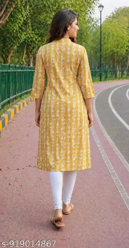 Women 100% Pure Cotton A-Line Kurti Front Button Design Printed Long Kurta for Women Calf Length Straight Fit Kurti with 3/4 Sleeves Ethnic Wear for Office College Daily Wear Casual Kurti for Girls & Ladies