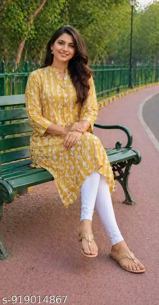 Women 100% Pure Cotton A-Line Kurti Front Button Design Printed Long Kurta for Women Calf Length Straight Fit Kurti with 3/4 Sleeves Ethnic Wear for Office College Daily Wear Casual Kurti for Girls & Ladies