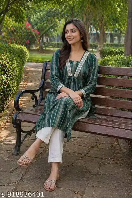 Women Chanderi A-Line Kurti Vertical Stripe Print V-Neck Panel Design Three Fourth Sleeves Calf Length Kurta for Women Office Wear Festive Wear Casual Kurti for Girls Ladies Ethnic Wear Kurta