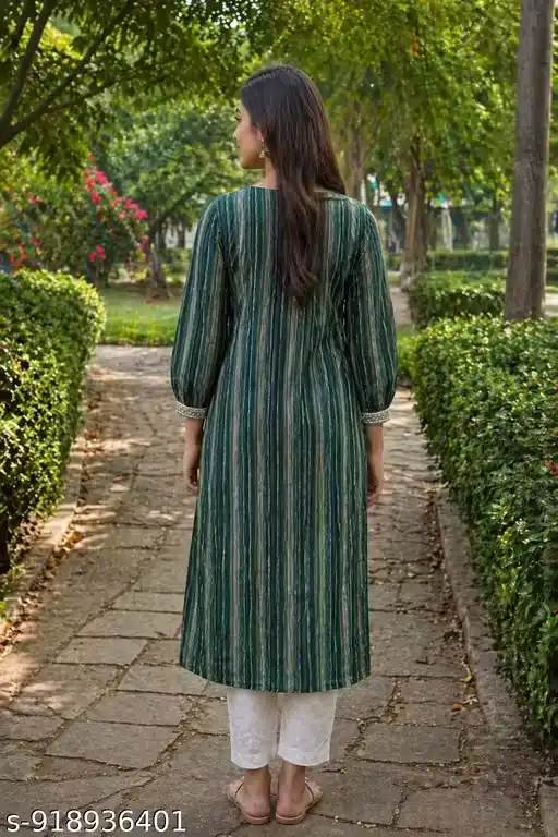 Women Chanderi A-Line Kurti Vertical Stripe Print V-Neck Panel Design Three Fourth Sleeves Calf Length Kurta for Women Office Wear Festive Wear Casual Kurti for Girls Ladies Ethnic Wear Kurta