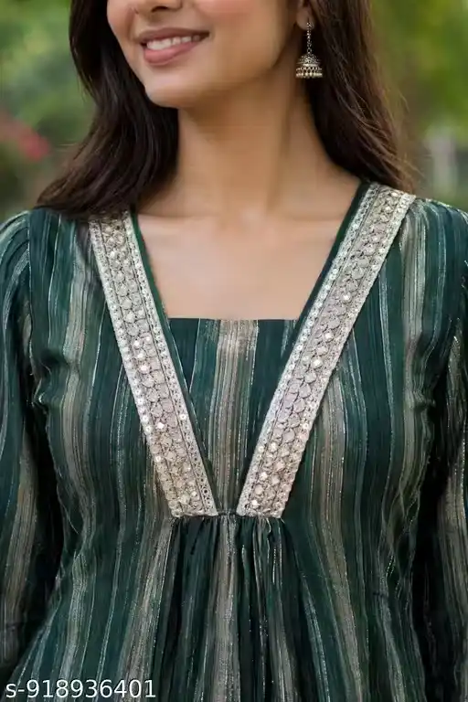 Women Chanderi A-Line Kurti Vertical Stripe Print V-Neck Panel Design Three Fourth Sleeves Calf Length Kurta for Women Office Wear Festive Wear Casual Kurti for Girls Ladies Ethnic Wear Kurta