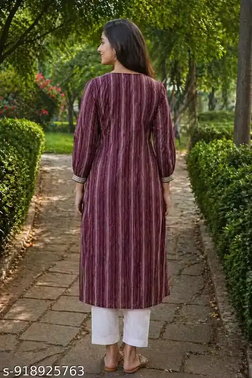 Women Chanderi A-Line Kurti Vertical Stripe Print V-Neck Panel Design Three Fourth Sleeves Calf Length Kurta for Women Office Wear Festive Wear Casual Kurti for Girls Ladies Ethnic Wear Kurta