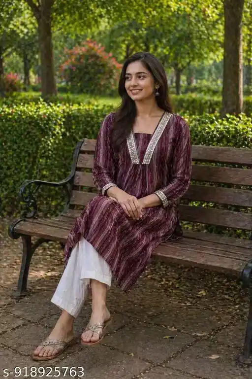 Women Chanderi A-Line Kurti Vertical Stripe Print V-Neck Panel Design Three Fourth Sleeves Calf Length Kurta for Women Office Wear Festive Wear Casual Kurti for Girls Ladies Ethnic Wear Kurta