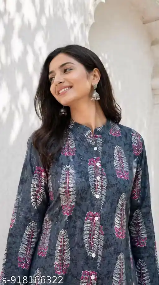 Women 100% Pure Cotton A-Line Kurti Printed Long Kurta for Women | Ethnic Leaf Motif Kurti with 3/4 Sleeves Mandarin Collar Neck Button Placket | Daily Wear Office Wear Long Kurti for Women | Traditional Aline Kurti for Girls Ladies