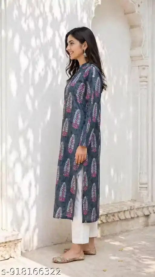 Women 100% Pure Cotton A-Line Kurti Printed Long Kurta for Women | Ethnic Leaf Motif Kurti with 3/4 Sleeves Mandarin Collar Neck Button Placket | Daily Wear Office Wear Long Kurti for Women | Traditional Aline Kurti for Girls Ladies