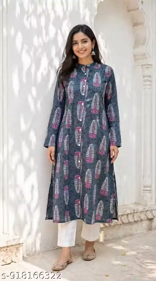 Women 100% Pure Cotton A-Line Kurti Printed Long Kurta for Women | Ethnic Leaf Motif Kurti with 3/4 Sleeves Mandarin Collar Neck Button Placket | Daily Wear Office Wear Long Kurti for Women | Traditional Aline Kurti for Girls Ladies