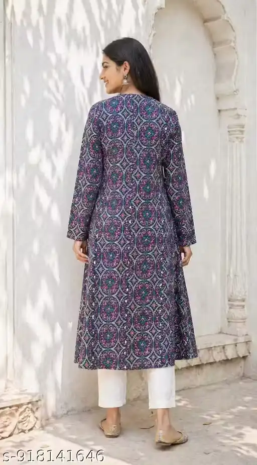 Women 100% Pure Cotton A-Line Kurti Printed Long Kurta for Women | Ethnic Motif Print Kurti with 3/4 Sleeves Round Neck | Daily Wear Office Wear Kurti for Women | Traditional Long Aline Kurti for Girls & Ladies