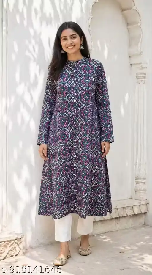 Women 100% Pure Cotton A-Line Kurti Printed Long Kurta for Women | Ethnic Motif Print Kurti with 3/4 Sleeves Round Neck | Daily Wear Office Wear Kurti for Women | Traditional Long Aline Kurti for Girls & Ladies