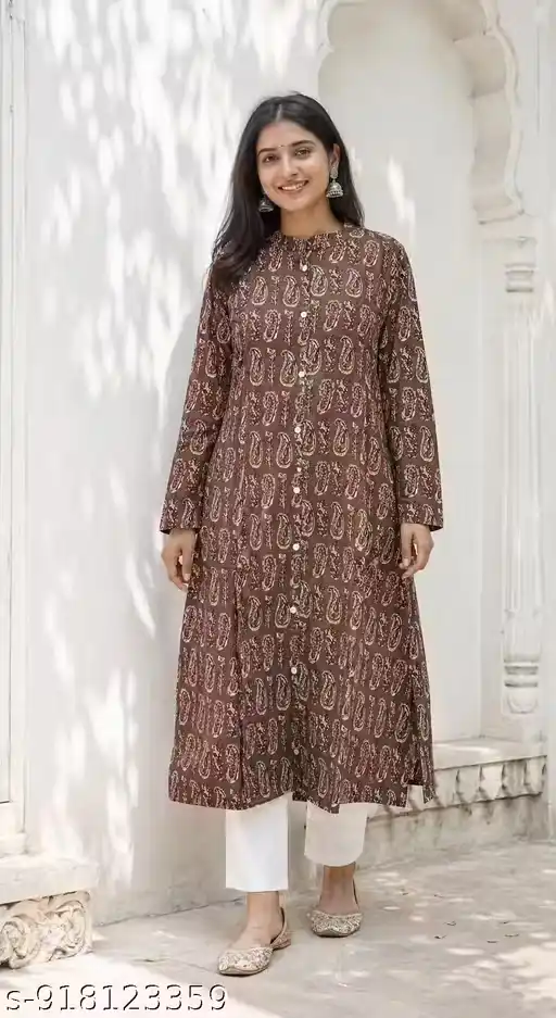 Women 100% Pure Cotton A-Line Kurti Brown Printed Long Kurta for Women | Ethnic Paisley Print Kurta with 3/4 Sleeves | Casual Daily Wear Office Wear Straight Kurti | Comfortable Breathable Summer Kurti for Women