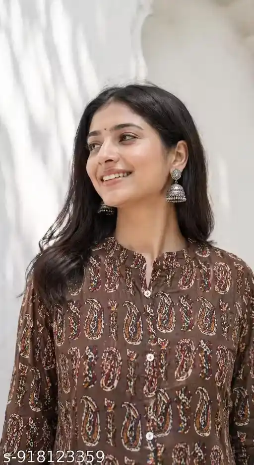 Women 100% Pure Cotton A-Line Kurti Brown Printed Long Kurta for Women | Ethnic Paisley Print Kurta with 3/4 Sleeves | Casual Daily Wear Office Wear Straight Kurti | Comfortable Breathable Summer Kurti for Women