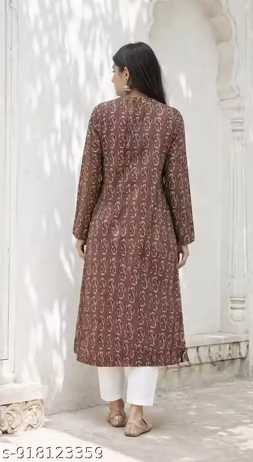 Women 100% Pure Cotton A-Line Kurti Brown Printed Long Kurta for Women | Ethnic Paisley Print Kurta with 3/4 Sleeves | Casual Daily Wear Office Wear Straight Kurti | Comfortable Breathable Summer Kurti for Women