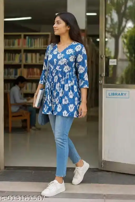 Women’s Blue Floral Printed Corset-Style Short Kurti Top with V-Neck, 3/4 Sleeves, Flared Gathered Waist, Lightweight Cotton Fabric, Casual College Wear Tunic with Modern Fit