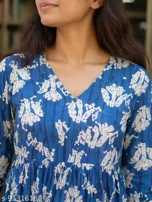Women’s Blue Floral Printed Corset-Style Short Kurti Top with V-Neck, 3/4 Sleeves, Flared Gathered Waist, Lightweight Cotton Fabric, Casual College Wear Tunic with Modern Fit