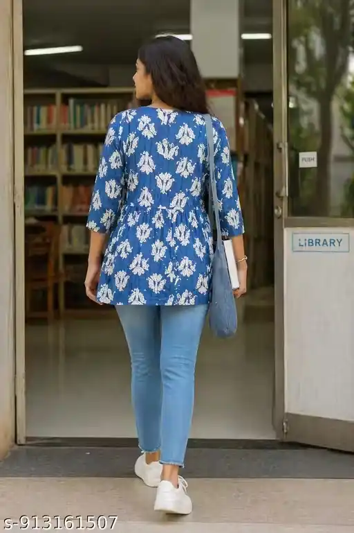 Women’s Blue Floral Printed Corset-Style Short Kurti Top with V-Neck, 3/4 Sleeves, Flared Gathered Waist, Lightweight Cotton Fabric, Casual College Wear Tunic with Modern Fit