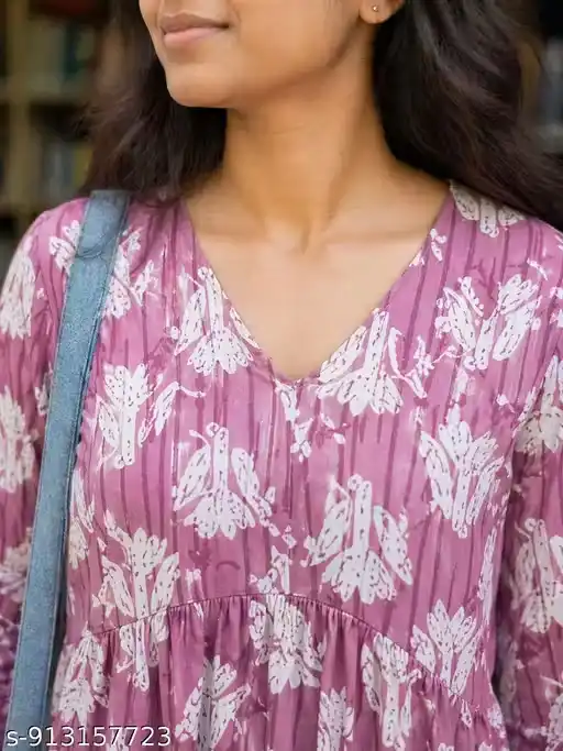 Cotton Printed Short Kurti Corset Style Top for Women with V-Neckline, 3/4 Sleeves, Flared Silhouette, Casual College Wear Tunic with Floral Motif Pattern